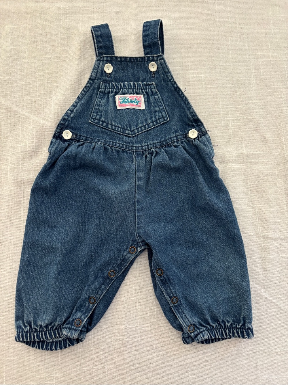 Vintage 80s Liberty Blue Denim Baby/Toddler Overalls with Pocket Patch